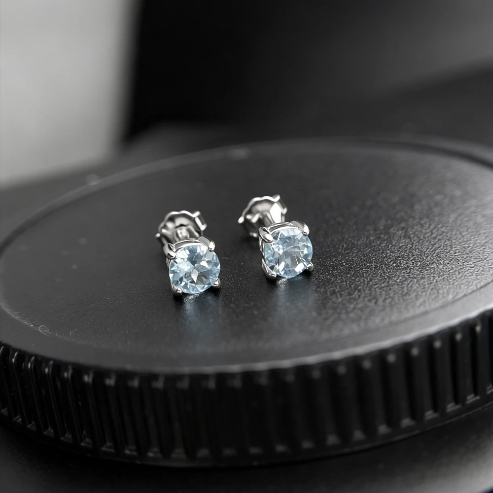 Simple Natural Aquamarine Stud Earrings 925 Sterling Silver Gemstone 4MM Fine Jewelry for Women Engagment Birthday Party Gift