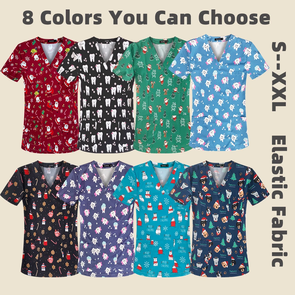 Women Mens Shirts Christmas Print Uniforms Cartoon Medical Scrubs Tops Short Sleeve Nursing Blouse Nurse Doctor Work Wear