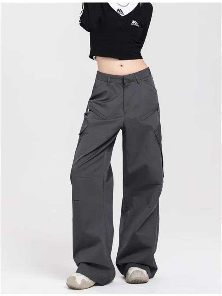 QWEEK Y2K Vintage Gray Cargo Pants Women Korean Fashion Wide Leg Trousers Oversized Streetwear Hip Hop Pleated Basic Pantalones