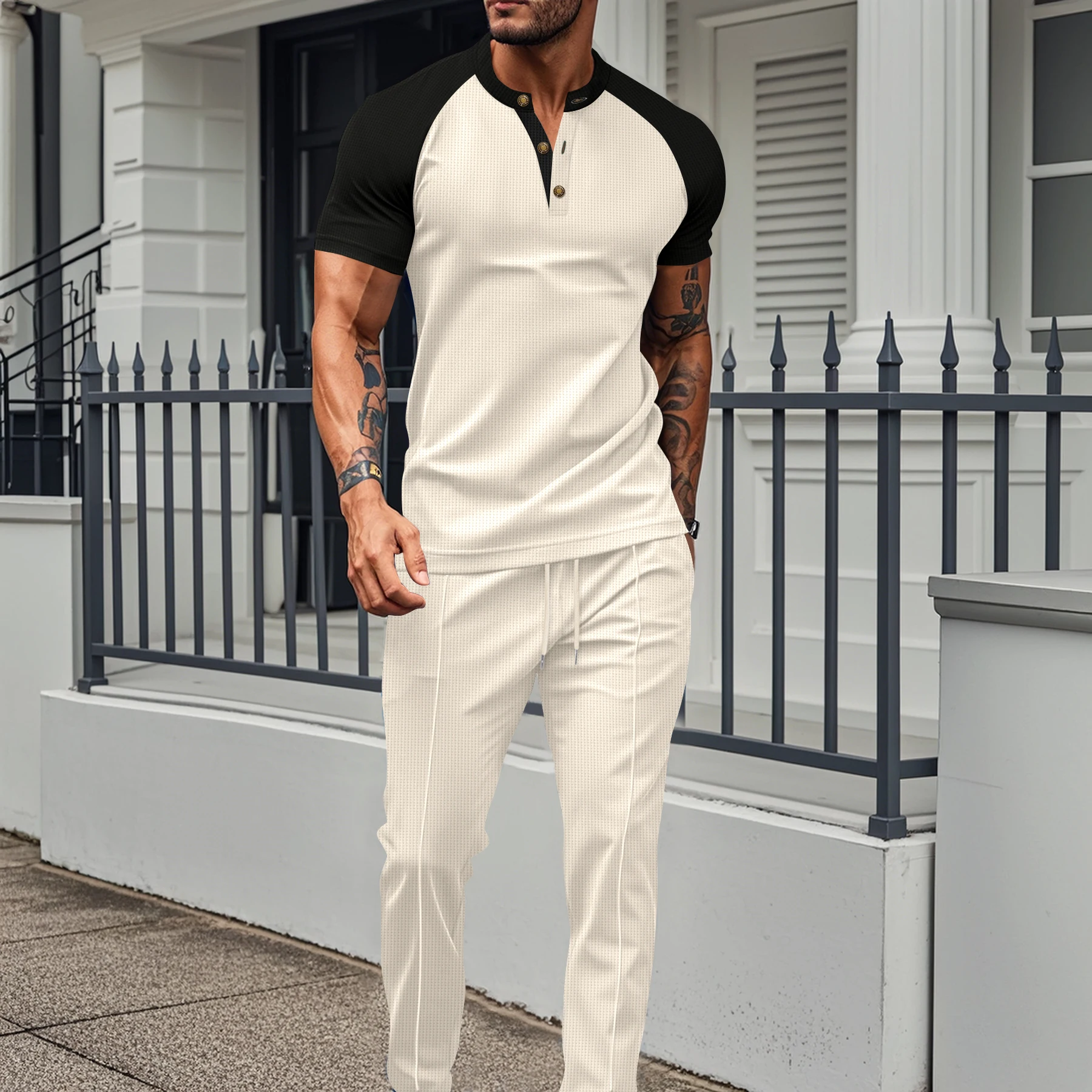 

New Men's 2 Piece Set Beige Waffle Knit Raglan Sleeve Henley Shirt with Black Trim and Matching Drawstring Pants Casual Tracksui