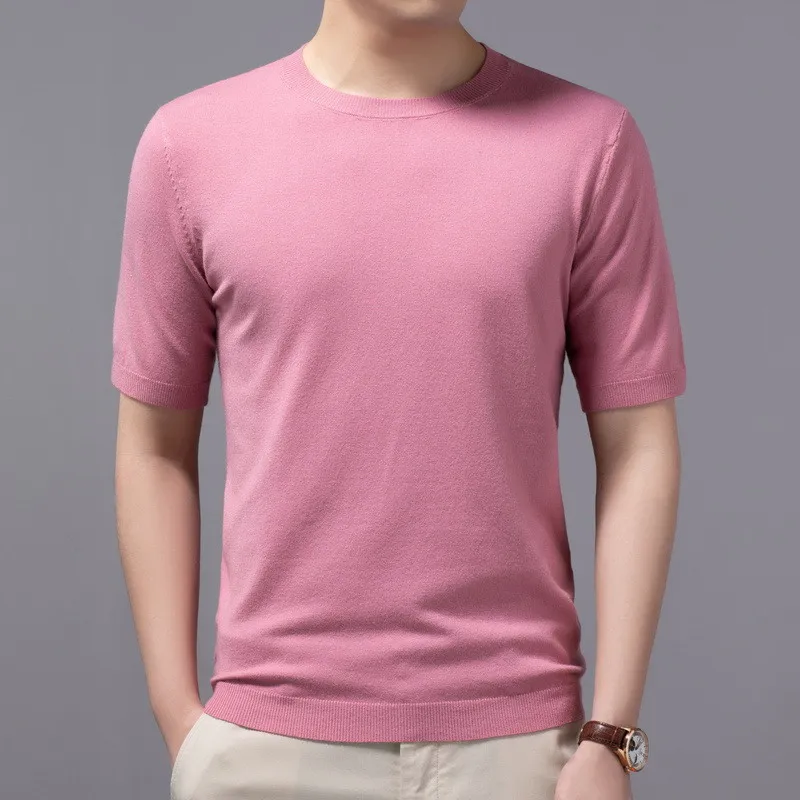 Men's Clothing Superfine Cashmere Knitted O-neck T-shirt for Short Sleeve Tee Trend Leisure Thin Style Undershirt Tops