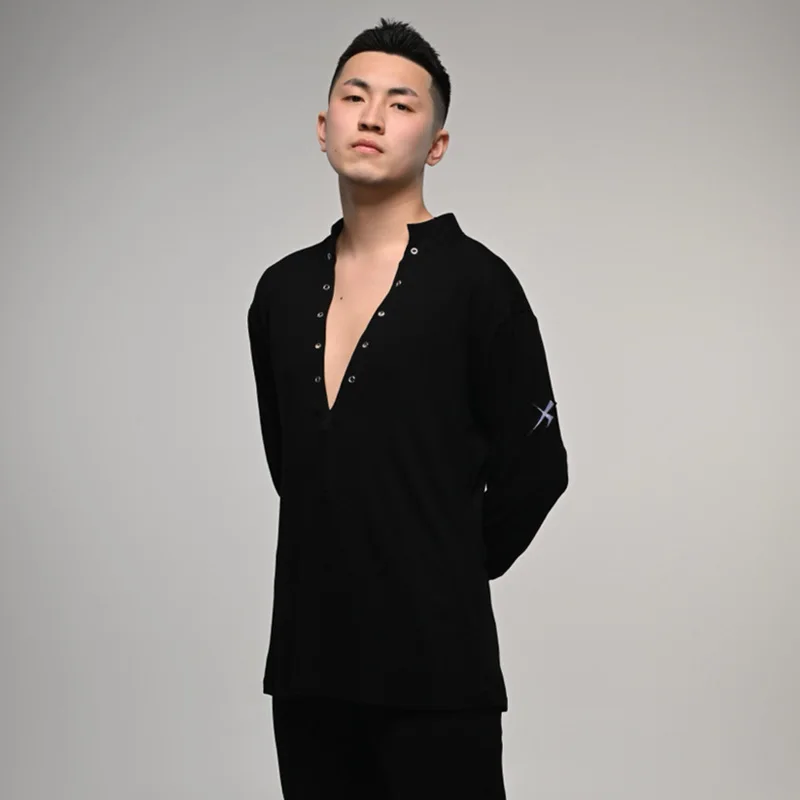 

Мужская тренировочная одежда для латинских танцев, мужской черный топ для танцев, топы с длинными рукавами и v-образным вырезом, одежда для практики ча-ча-румбы, мужская одежда для латинских танцев 3570