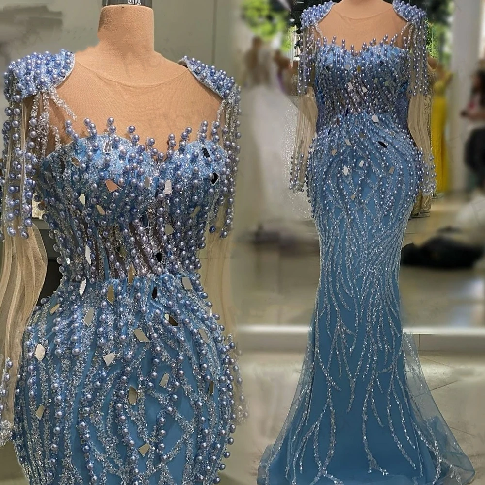 

Luxury Prom Dresses Pearls Sequins Beading Mermaid Evening Gowns O-Neck Long Sleeves Custom Made Robe De Soirée