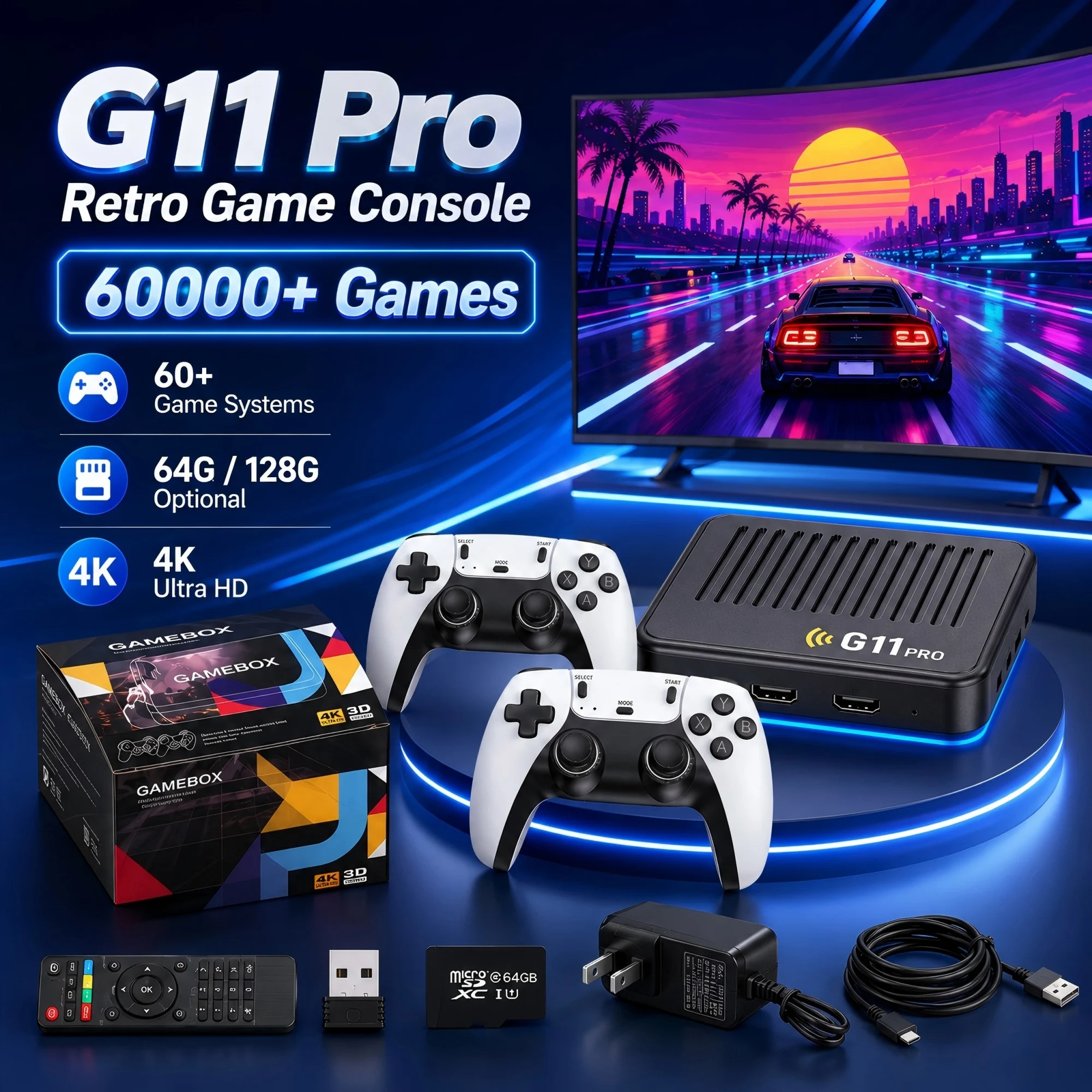 Игровая консоль G11 Pro Retro 4K HD с двумя системами, Android 9.0, ТВ-приставка, 128 ГБ, 60000+ классических игр, беспроводной контроллер