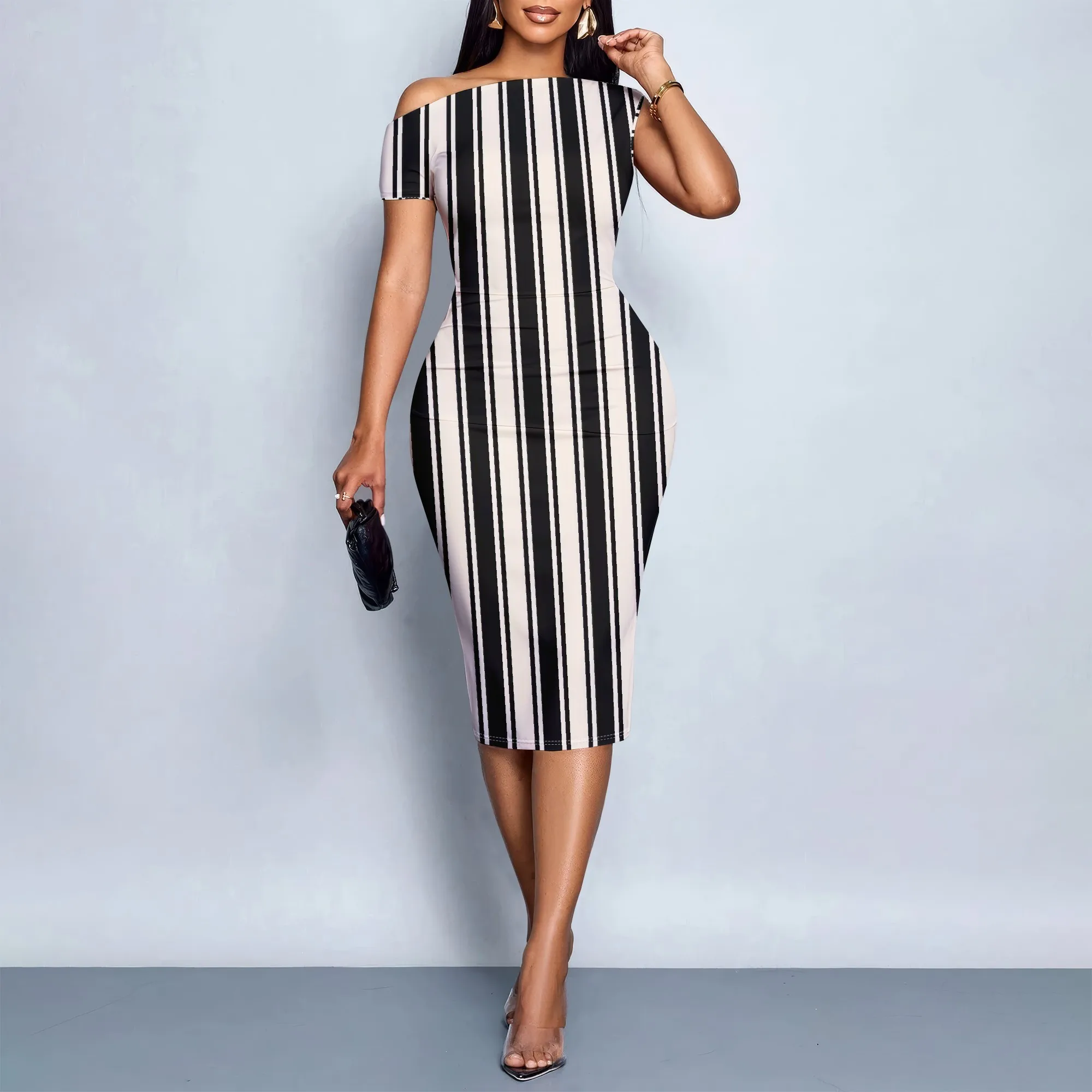 

Striped Off Shoulder Dress, Vertical Pattern Bodycon Dress, Elegant Short Sleeve Midi Dress, Club Party Wear for Women, S-2XL