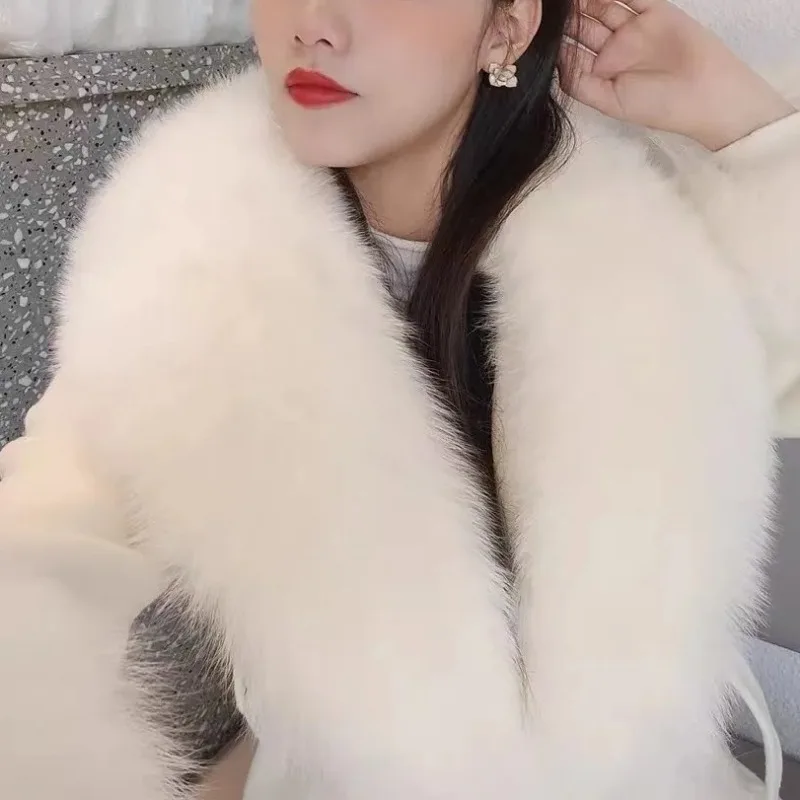 2023 New White Slim Mid-length Coat Waist Imitation Fur Mid-length Woolen Overcoat with Fur Collar Jacket with Fur Cuffs