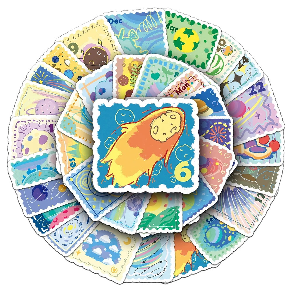 10/30/50pcs Cute Stamp Style Space Calendar Stickers Aesthetic Waterproof Decorative Stationery Diary Laptop