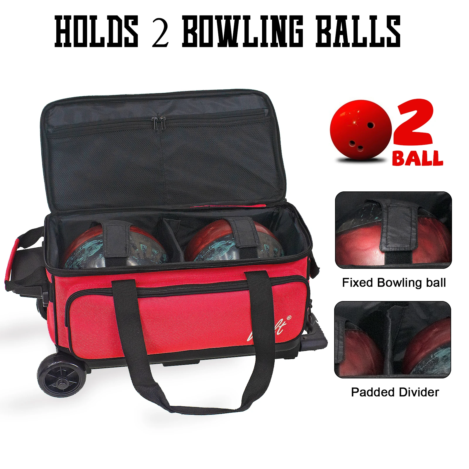 WOLT-Bolsa de bolos de 2 bolas de doble rodillo con compartimento para zapatos separado, bolsa de bolas de bolos de gran capacidad con bolsillo para