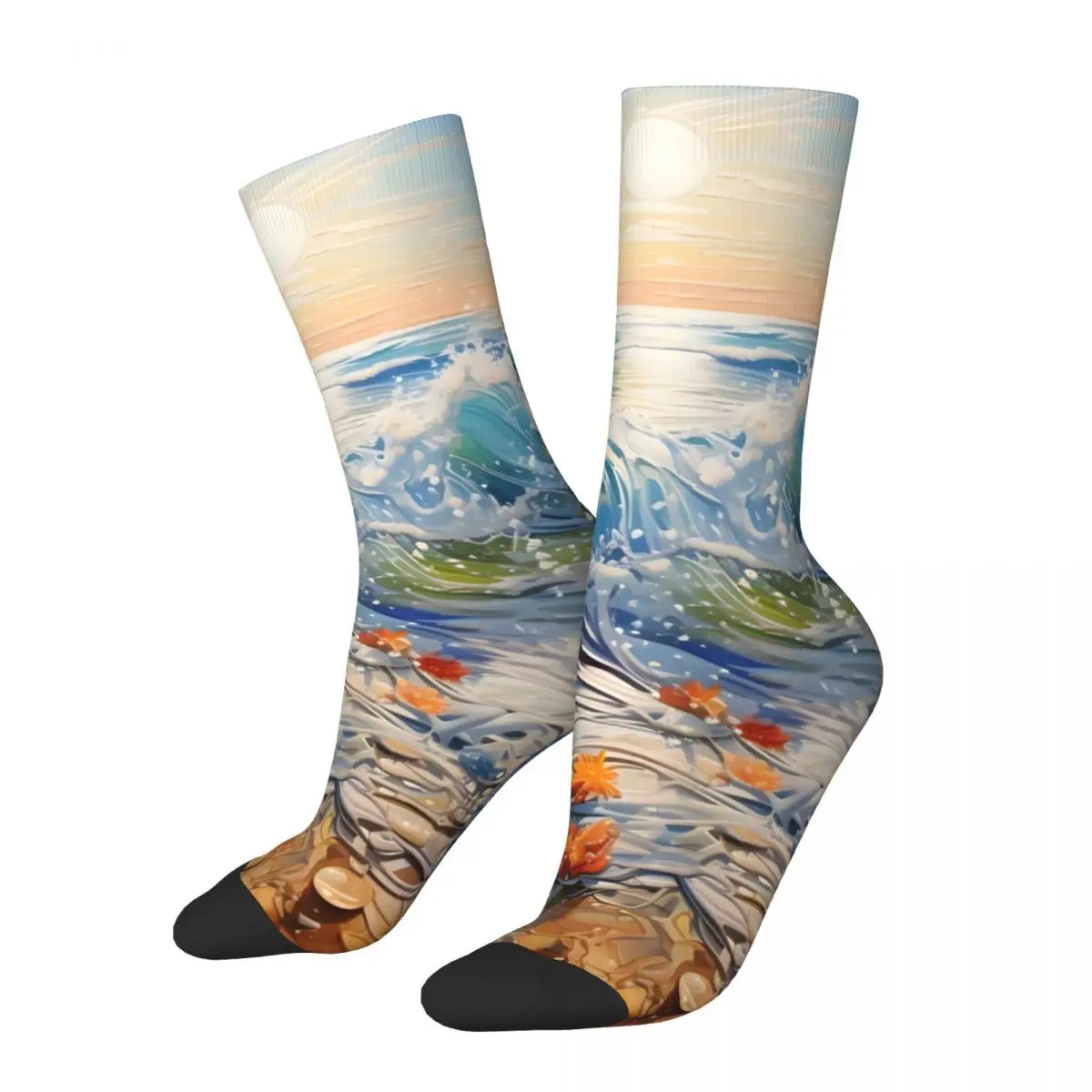 Retro Summer Beach Crashing Waves Oil Painting Men's compression Socks Unisex Harajuku Pattern Printed Novelty Crew Sock