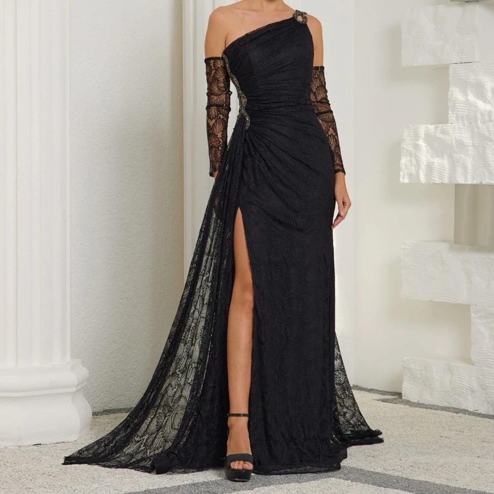 

Customized A-line Evening Dresses Floor-length One-shoulder Full Sleeve Prom Gown Fashion Sequined Simple Lace Draped Party Gown