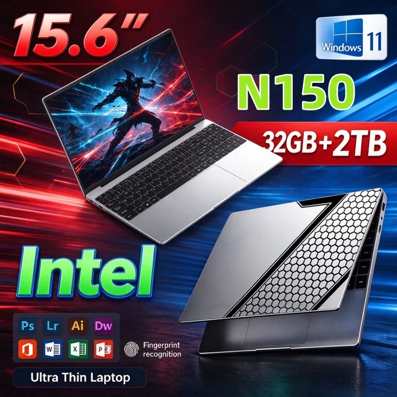 15.6'' Inch Home Office Notebook Intel N150 32GB RAM 1TB/2TB SSD Windows11 Fingerprint Unlock Portable Learning Gaming Laptop