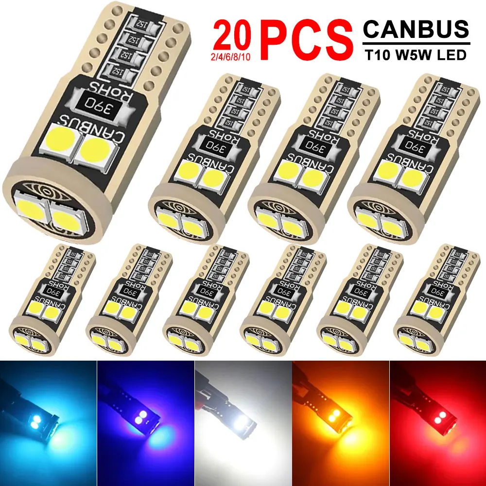 2/4/6/8/10/20 PCS T10 W5W LED Bulbs CANBUS Car Interior Dome Door Glove box Trunk License Plate Lights 12V 3030-6MSD 6500K White