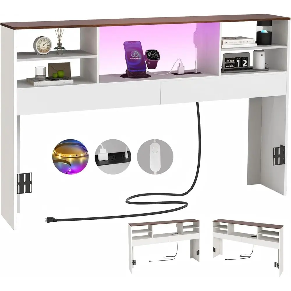 

White Queen-Sized Bed Frame with LED Light, USB & Type-C Ports, Anti-Tipping Design
