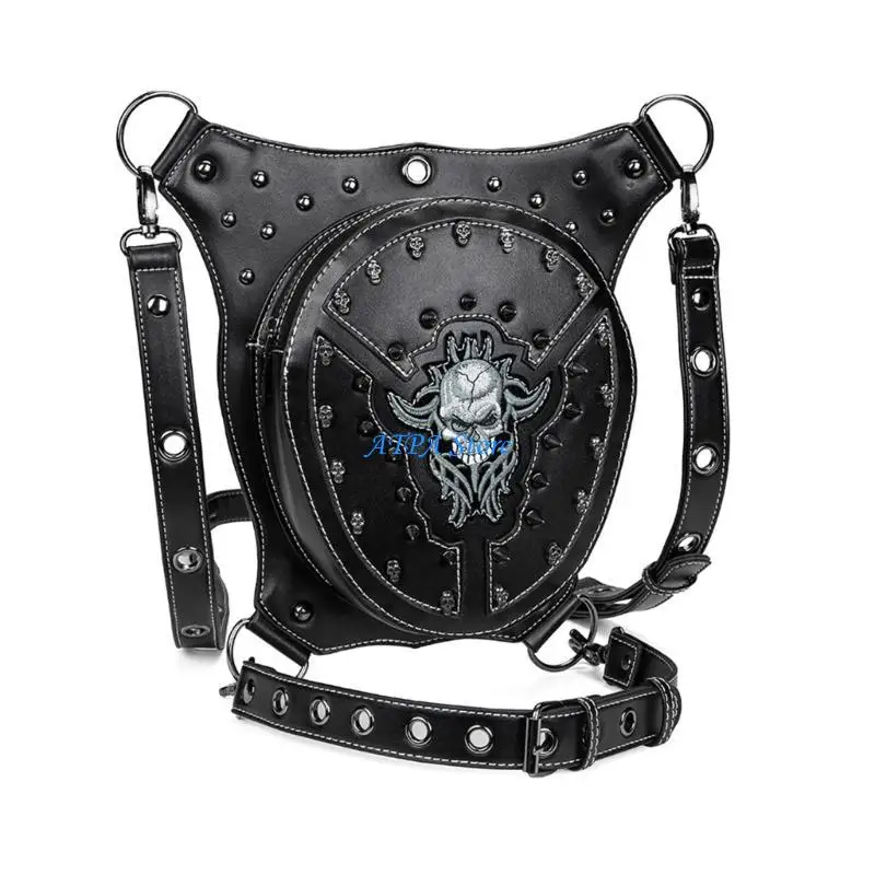 U13C Borsa con teschio da uomo con rivetti in pelle PU Steampunk Marsupio da gamba Borsa da Regalo
