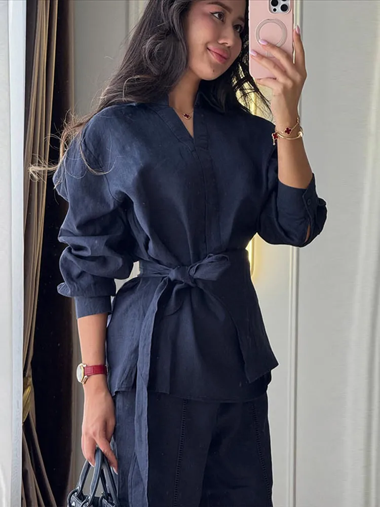 Fashion Women Pants Suit Lace Up Long Sleeve V-Neck Solid Female Shirt Wide Leg Trousers 2026 Summer Autumn Casual Lady Sets