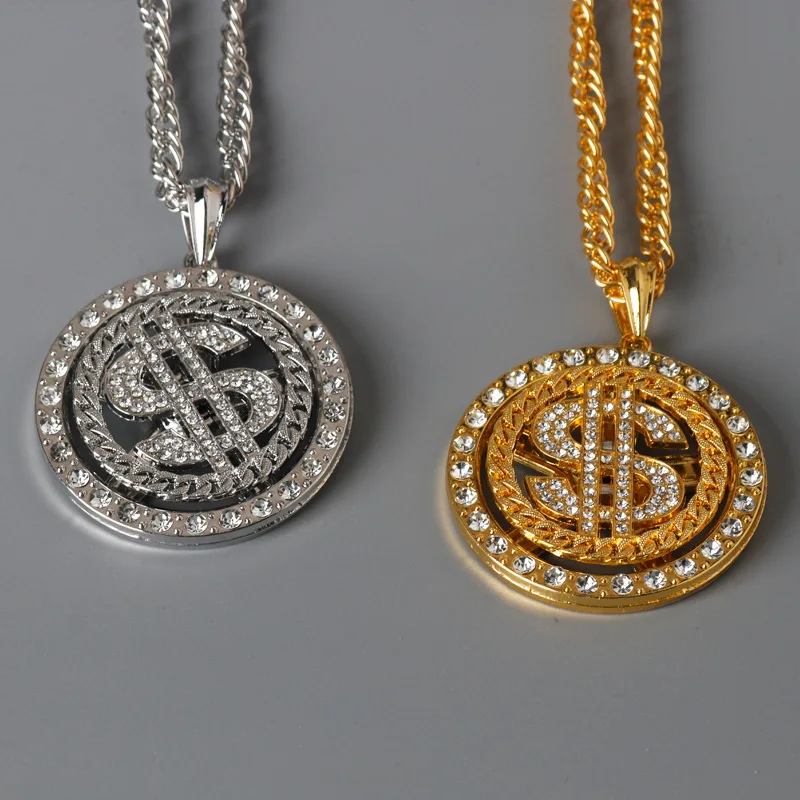Colgante giratorio con signo de dólar, collar de hip-hop, collar de carrusel de dólar