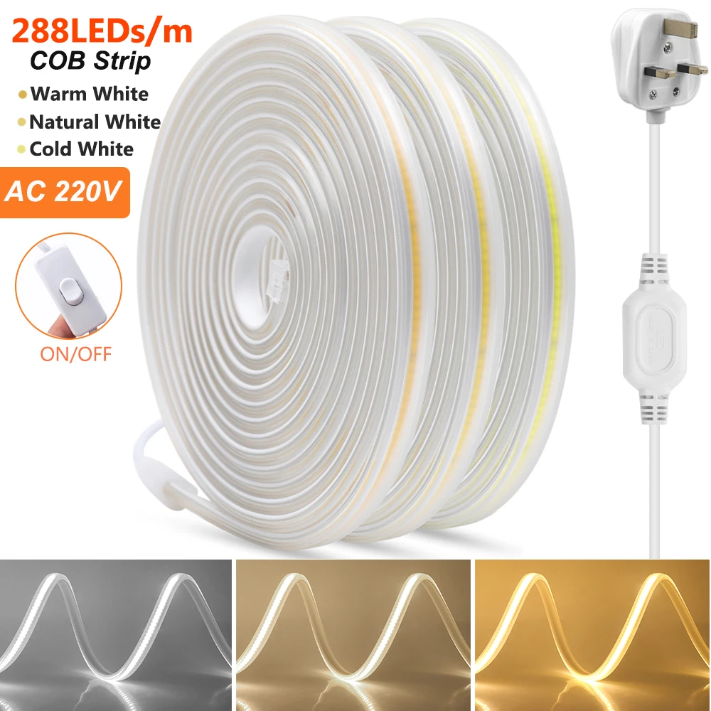 

3000K 4000K 6000K COB LED Strip with UK Switch Plug 220V 288LEDs/m High Density Linear Lighting COB LED Lights 50cm can be Cut