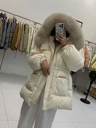 Jaqueta de pele de guaxinim real feminina com capuz, para baixo, enchimento, solto, impermeável, casaco puffer, grosso, quente, parka macia, grande, novo, inverno