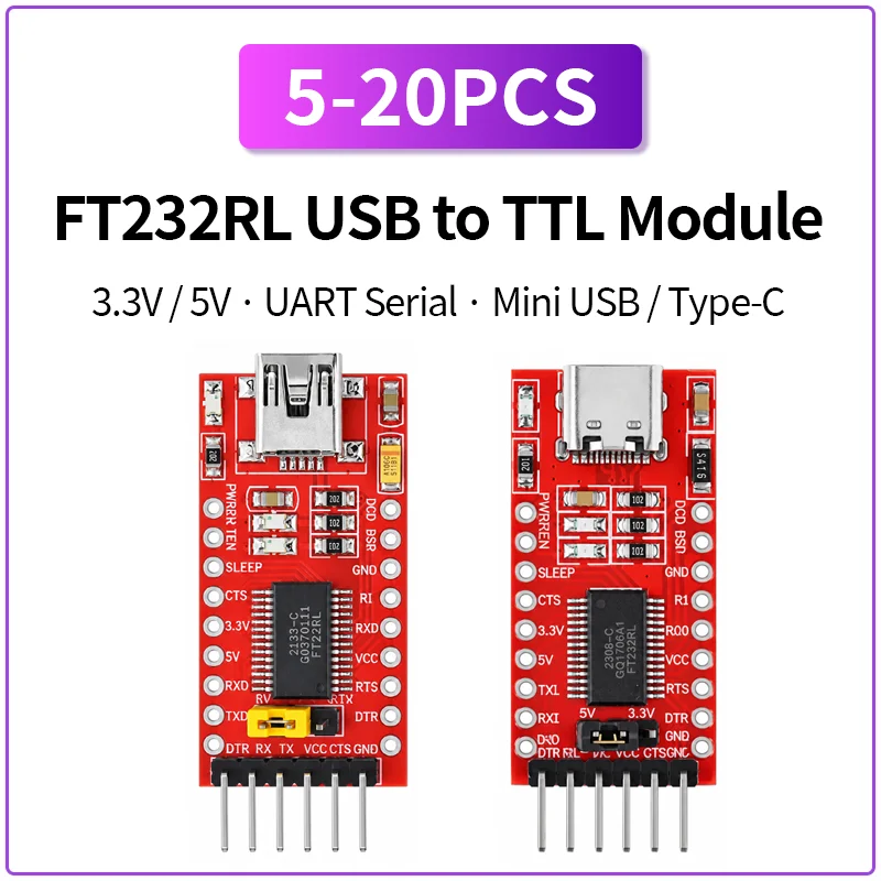 5-20PCS FT232RL FT232 USB to TTL UART Serial Converter Module 3.3V 5V Mini USB Type-C Adapter Board