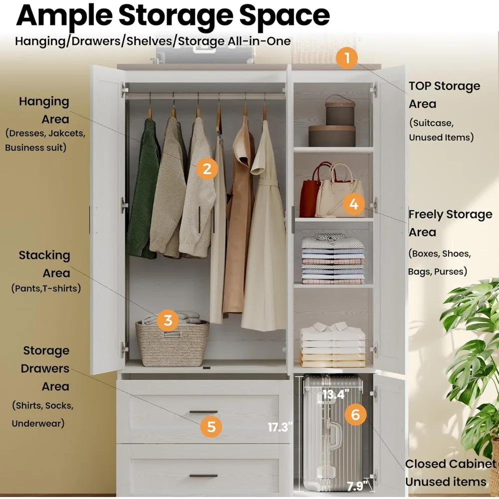 خزانة ملابس قائمة بذاتها 70.6 ساعة، خزانة ملابس طويلة القامة 3 أبواب مع قضيب تعليق، أدراج، غلاف مكعب قابل للتعديل #3