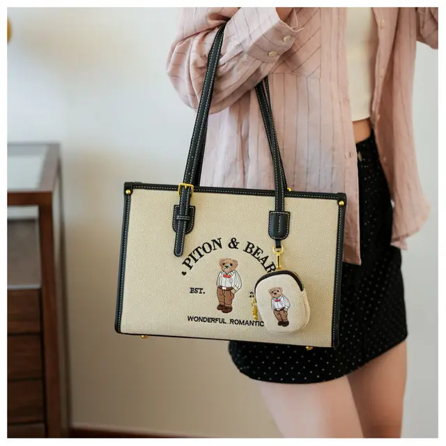 JIAERDI Harajuku Bear Cute Tote Bag Women Vintage Embroidery Chic Casual Shoulder Bags Ladies Retro Large Capacity Handbag New