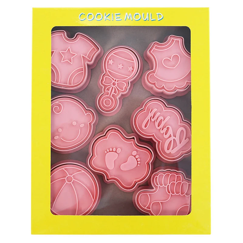 8Pcs/Set DIY Baby Theme Cartoon Cookie Embosser Cutters 3D Baby Shower Rattles Ball Clothes Feet Skirt Socks Biscuit Mould Tools