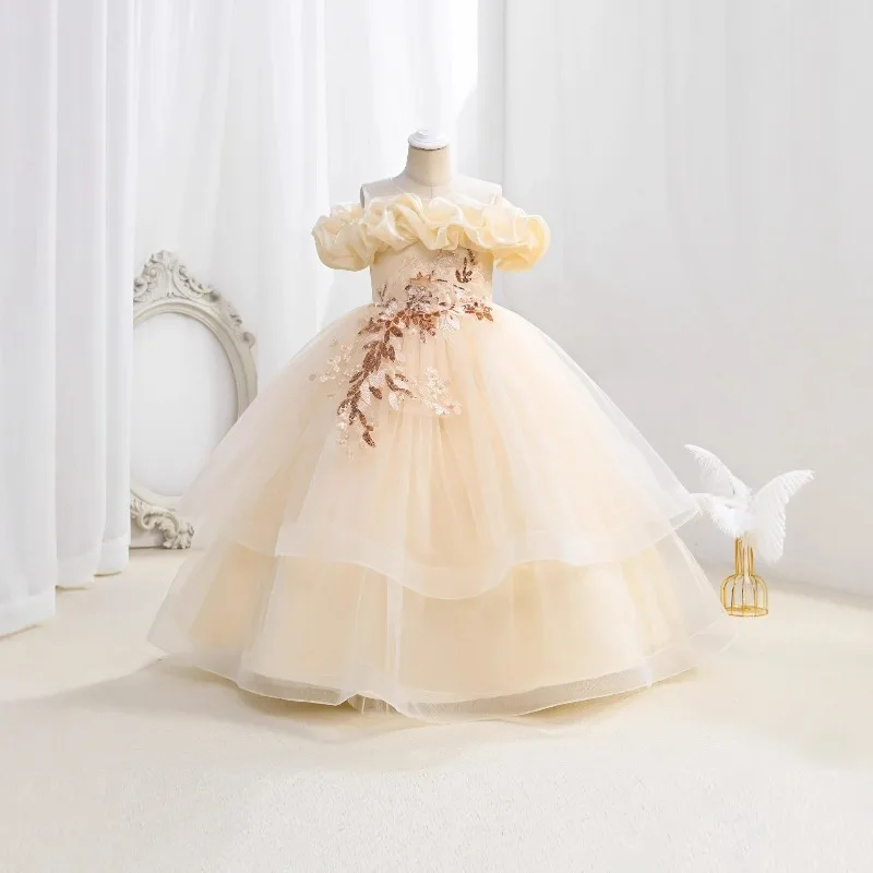 Children Girl Performance Princess Dress Elegant Embroidery Mesh Tulle Party Wedding Gown Spring Autumn Luxury Kids Casual Dress