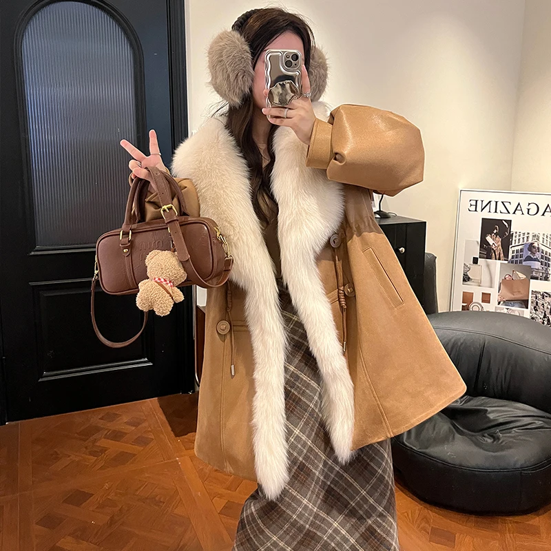 

2024New Winter Women Long 80CM White Duck Down Jackets 100% Natural Oversized Fox Collar Suede Fashion Casual Windproof Coats