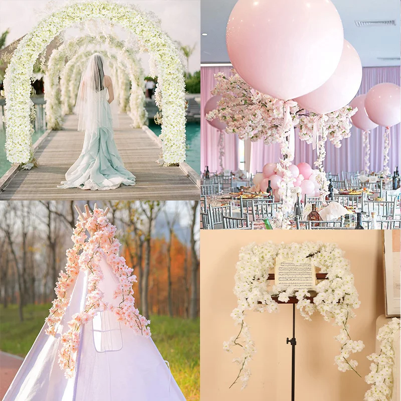 Artificial Cherry Blossom Vines Silk Flower Garland Vine for Outdoor Garden Arch Decor Home Wedding Christmas Decoration Rattan