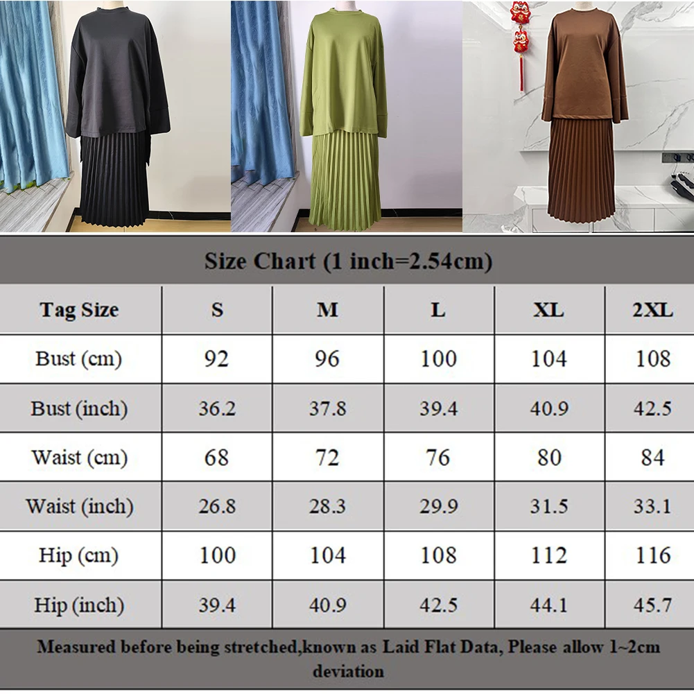 طقم نسائي خريفي أنيق بأكمام طويلة وتنورة مطوية على شكل حرف A مكونة من قطعتين