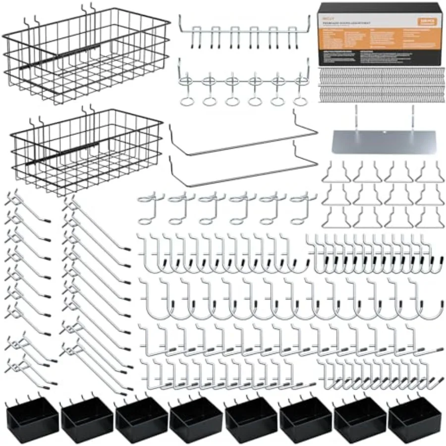 

Набор из 238 предметов для организации хранения на перфорированной доске: крючки, корзины, держатель для бумажных полотенец для перфорированных панелей 1/8 и 1/4 дюйма