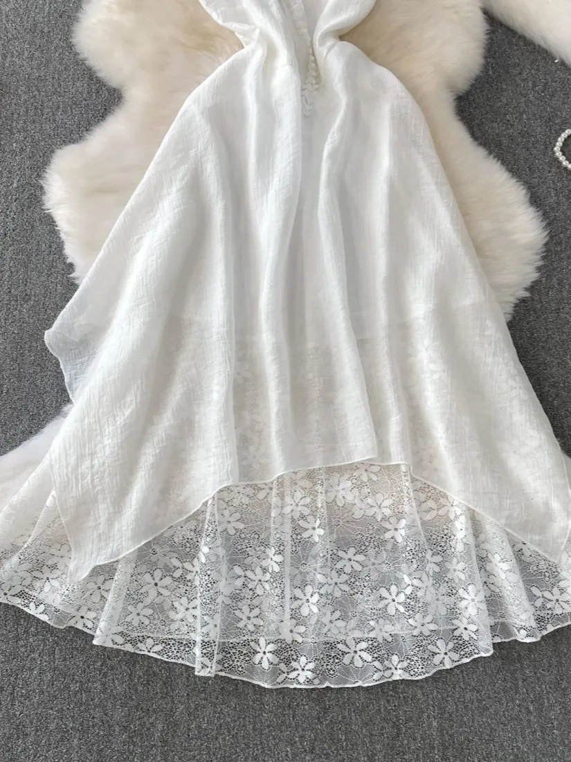 Foamlina Fairy Dress Womens White V Neck Strappy Sundress Ethereal Unique Maxi Dress Asymmetrical Hem Vintage Dress