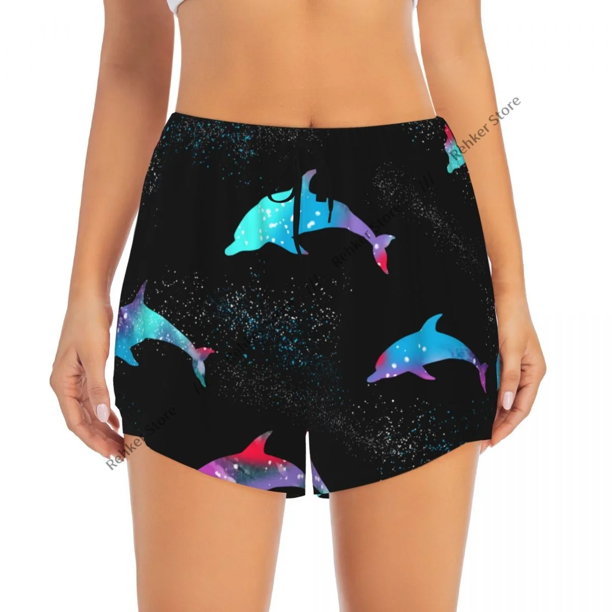 イルカのシルエットの女性の二重層速乾性アスレチックショーツ、アウトドアレジャーランニングフィットネスワークアウトスポーツ用