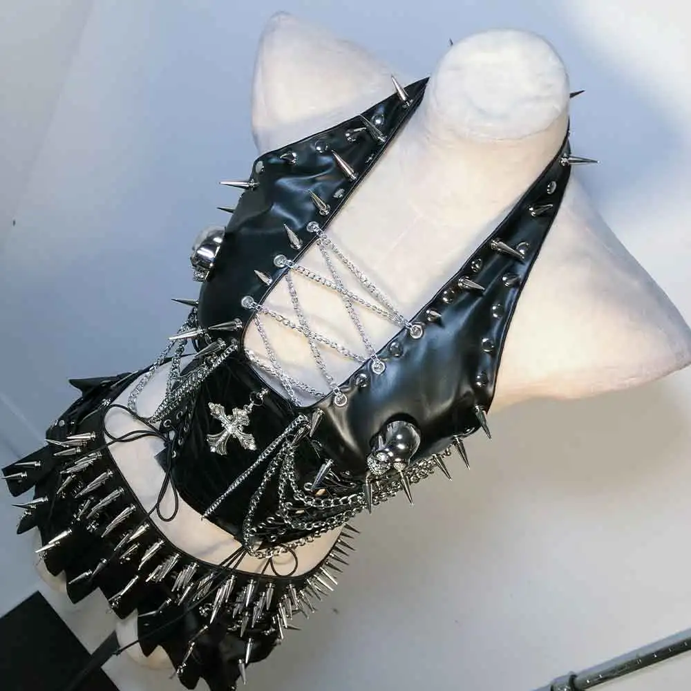 Goth Tops Punk Rock Clothes Festival Cybergoth Grunge ALT Y2K T-shirt Gothic Tank Emo Clothing Rave PU leather Black