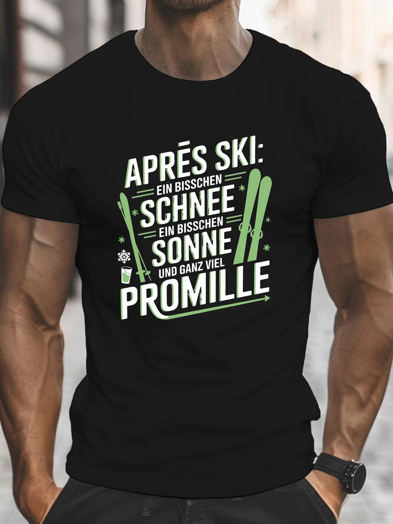 April Skiing-Themed Printed T-Shirt, Men's Round-Neck Short-Sleeved T-Shirt, Casual, Comfortable, Lightweight Summer Top