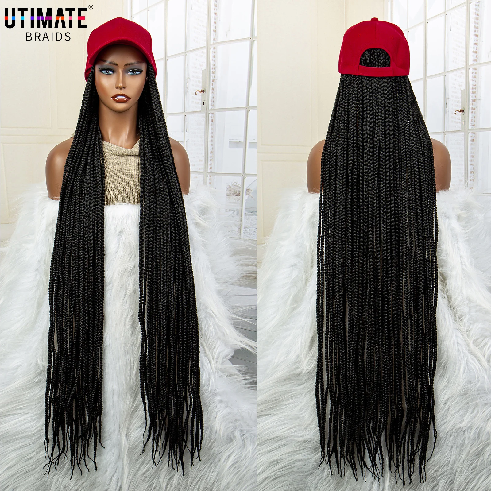 40 Inches Baseball Cap Wig with Synthetic Box Braided Wigs for Black Women Super Long Hat Wig Cornrow Braiding Hair Adjustable