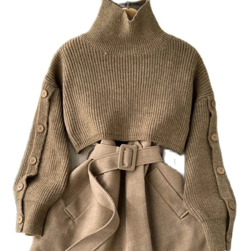 

Autumn Winter Knit Two Piece Set Women's Single-breasted Turtleneck Cropped Pullover Sweater V-neck Vest Dress Solid Women Suit