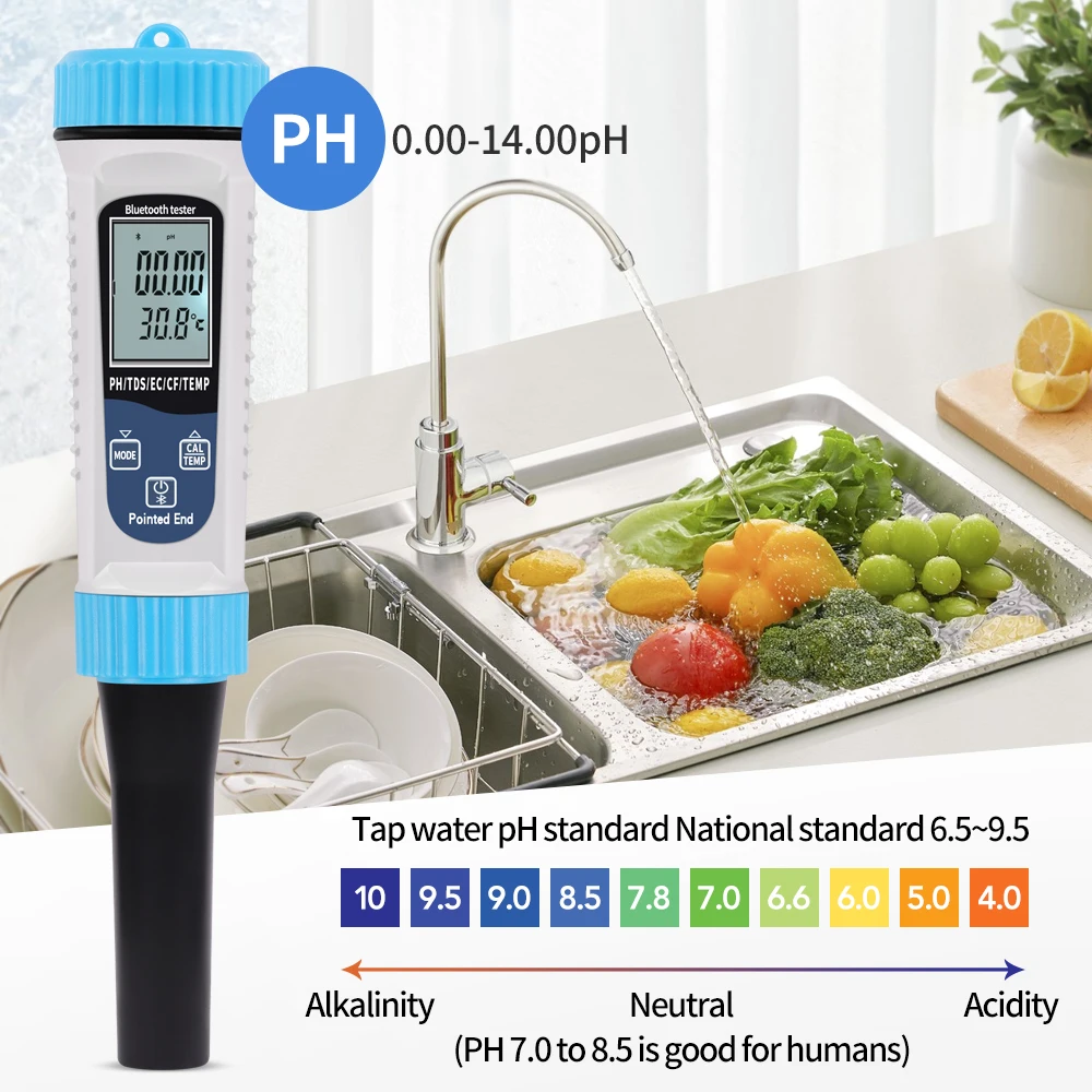 Tuya Bluetooth 5 in 1 PH Temperature TDS EC CF Meter Digital PH Tester Automatic Calibration Function Water Quality Detector