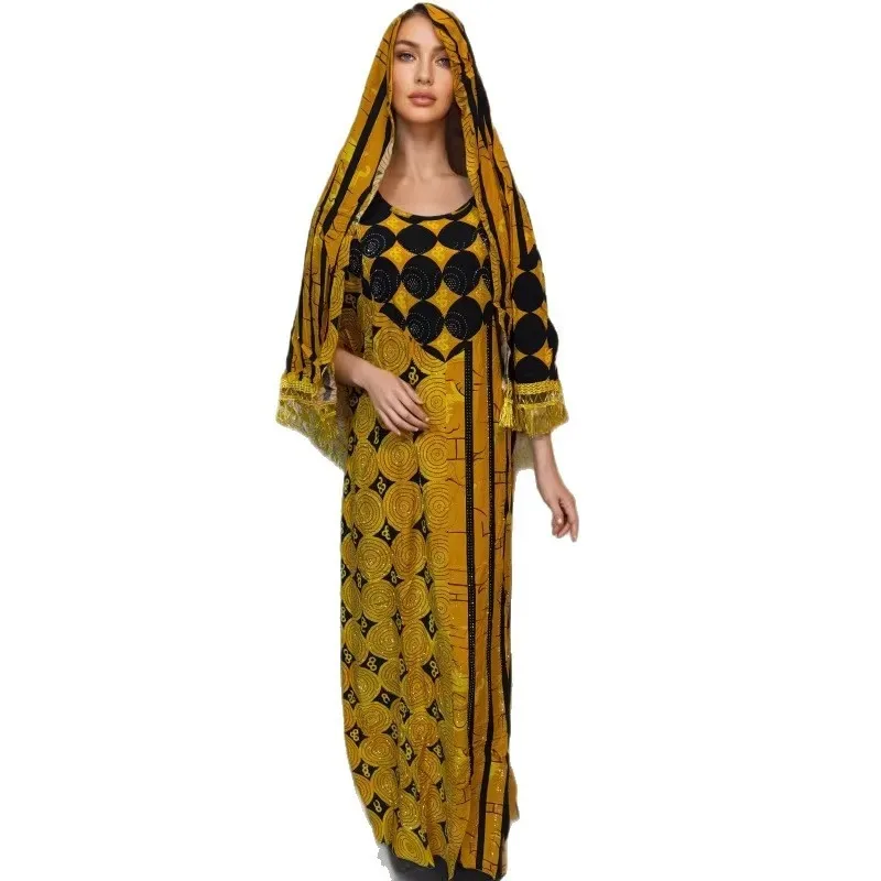 

Hot Sale Plus Size Double-Sided Print Tassel Hijab Maxi Dress, Women’s Boat Neck Loose Fit Modest Muslim Long Robe