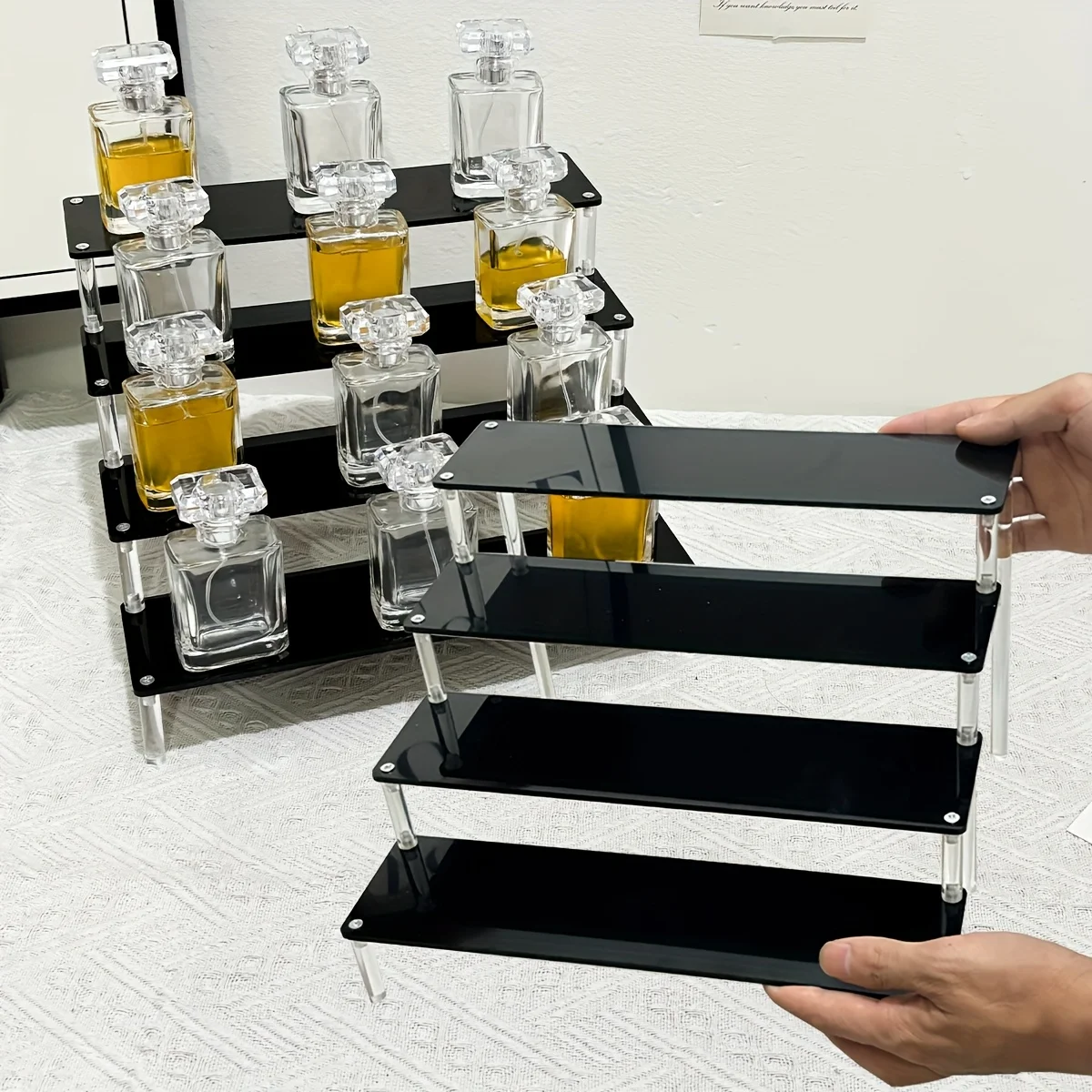 1pc Multi-Functional Perfume Step Display Rack - Black/Transparent Acrylic Desktop Organizer for Cosmetics & Bracelets, Ideal fo