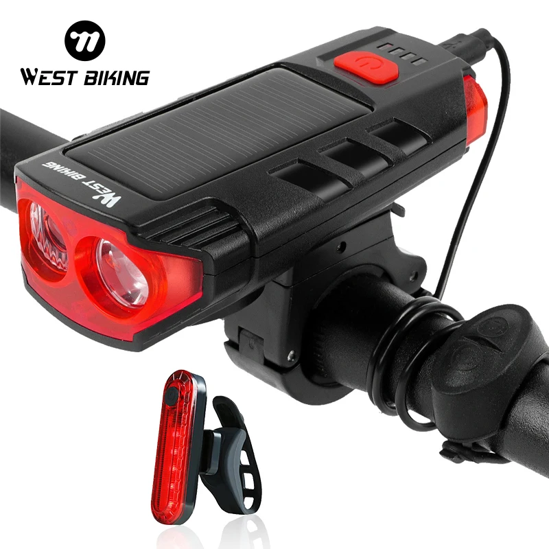 WEST BIKING USB Rechargeable Bicycle Light 2000mAh Solar Power LED Cycling Headlight Waterproof 120dB Bike Horn Warning Lamp