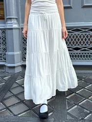 Sweet Women White Long Skirts 2024 Summer Ladies Cotton Drawstring High Waist A-line Skirt Female  Loose Midi Skirt