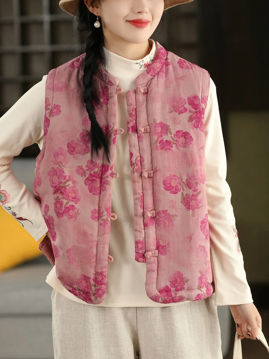 

Women's Double-Sided Wear Thiened Cotton Print Vest Outerwear Svel Warm Top Chinese Sle Faion Winter Jaet