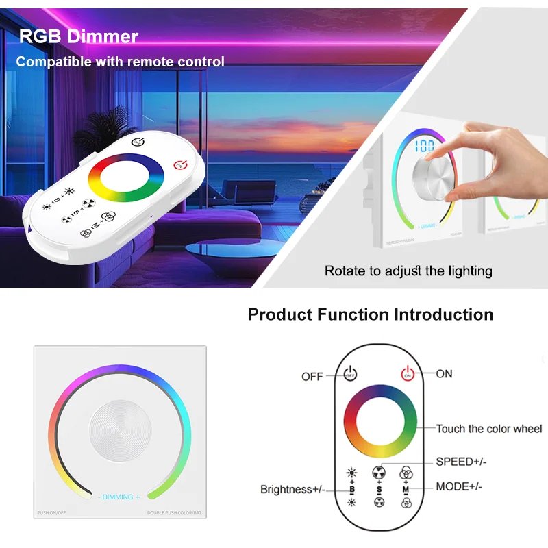 LED DimmerController touch knob dimmer CCT RGB DC12V-24V 6A Wall Mounted Panel Wall switch Wireless controller