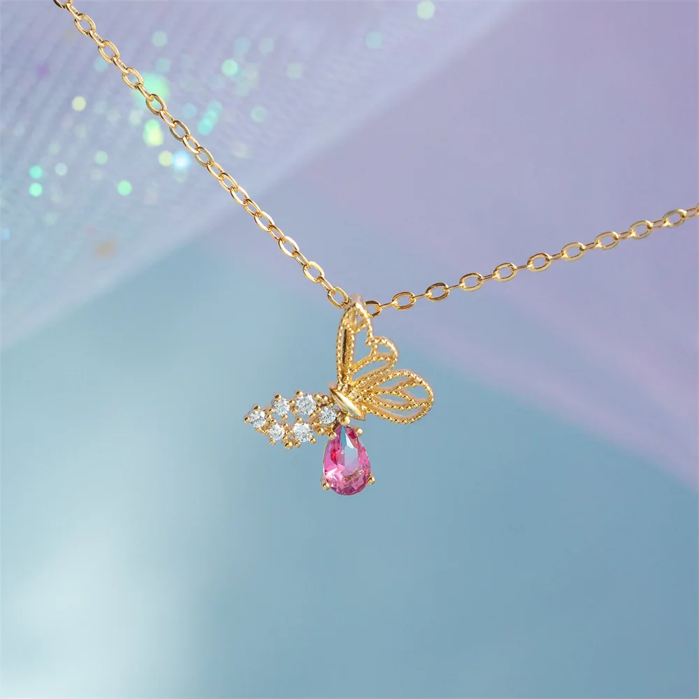 Ins Fairy Butterfly Zircon Necklace Gold-plated Openwork Pink Butterfly Pendant Necklaces For Women Girls Fashion Jewelry Gift