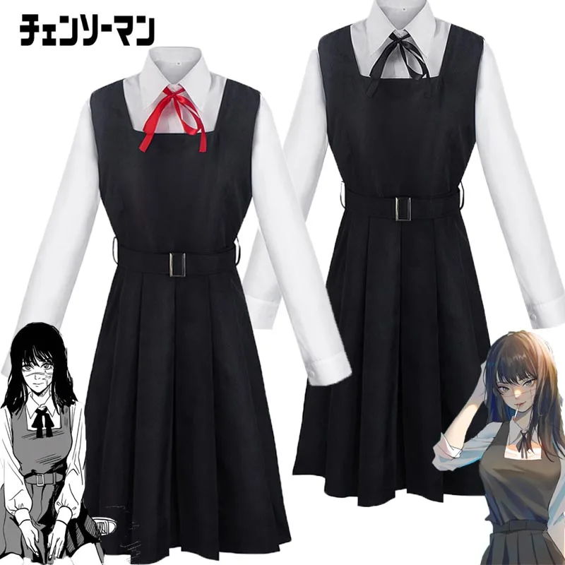 Anime Chainsaw Cosplay Costume Mitaka Asa Black Wig Dress Bow Tie High School JK Uniform Halloween Carnival Party Cos Women Girl