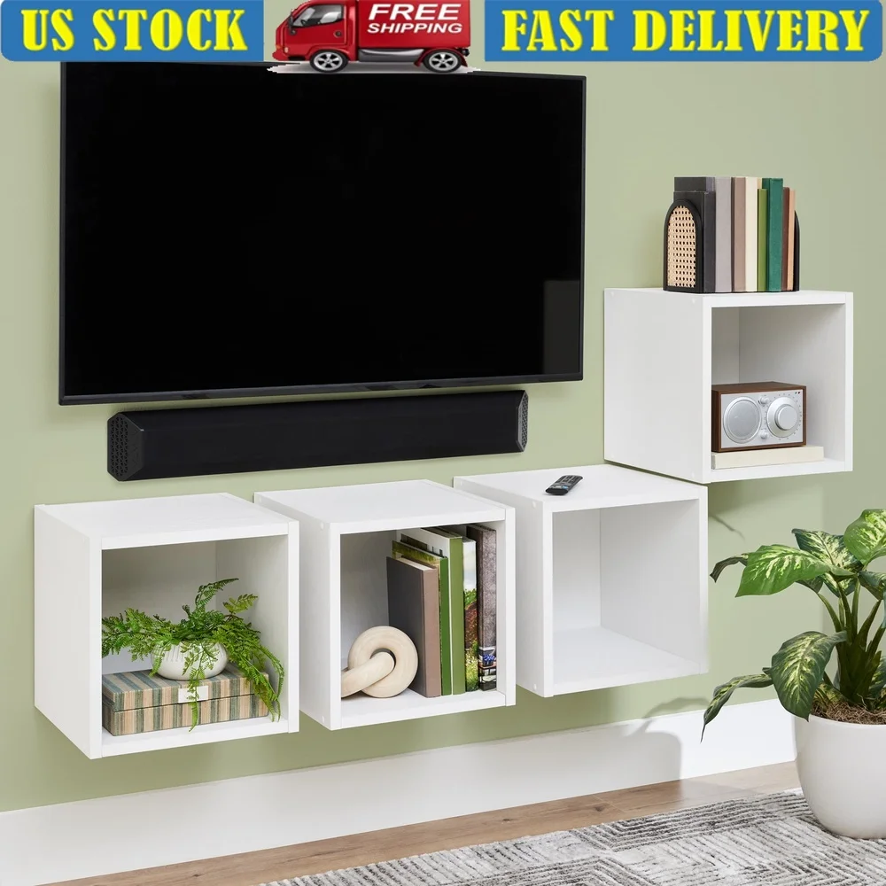 

Set of 4 Wall Mounted Cube Shelves Textured Finish Space Saving Storage Living Room Office Bedroom Game Room