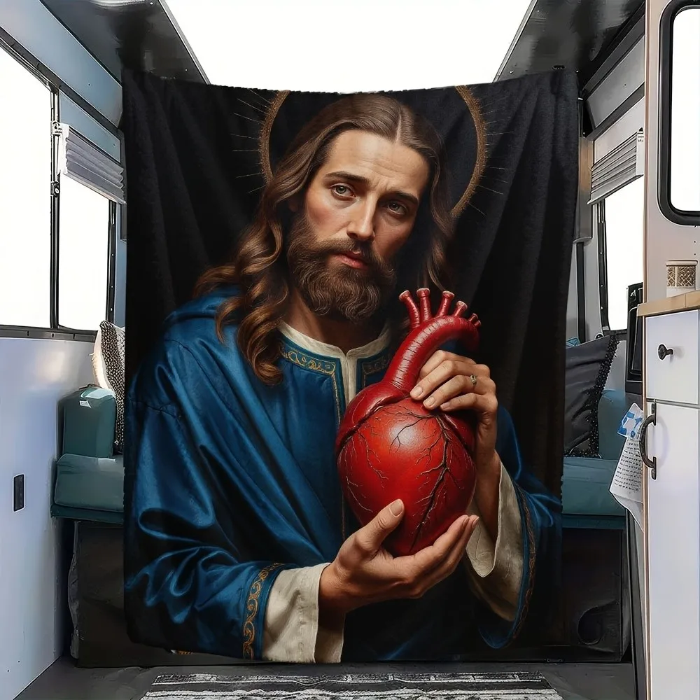 Sacred Heart of Jesus Flannel Blanket Soft Polyester Fleece Throw for Living Room Bedroom Decor