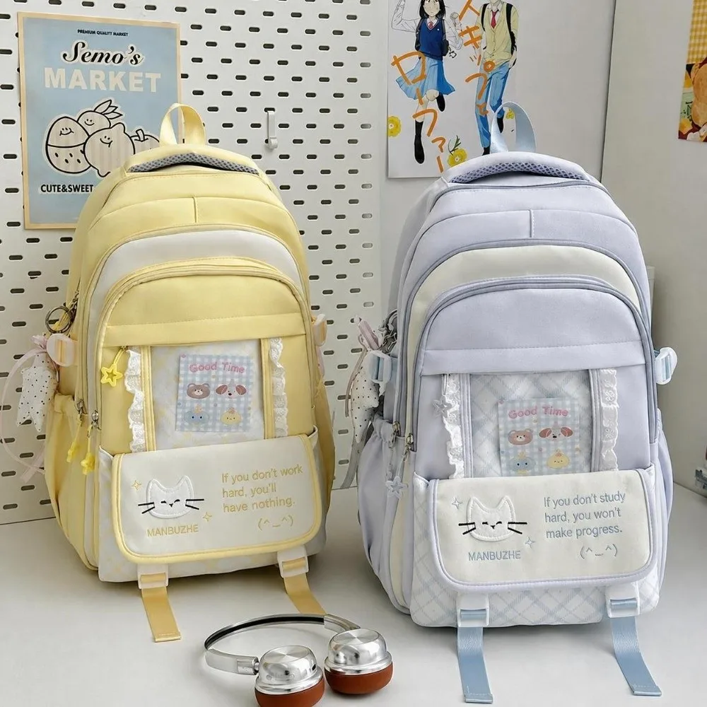 Lace Trim Girls School Backpack Cat Pattern Lightweight Teen Girls Backpack Multi-Pocket Checkered Student School Bag School Use