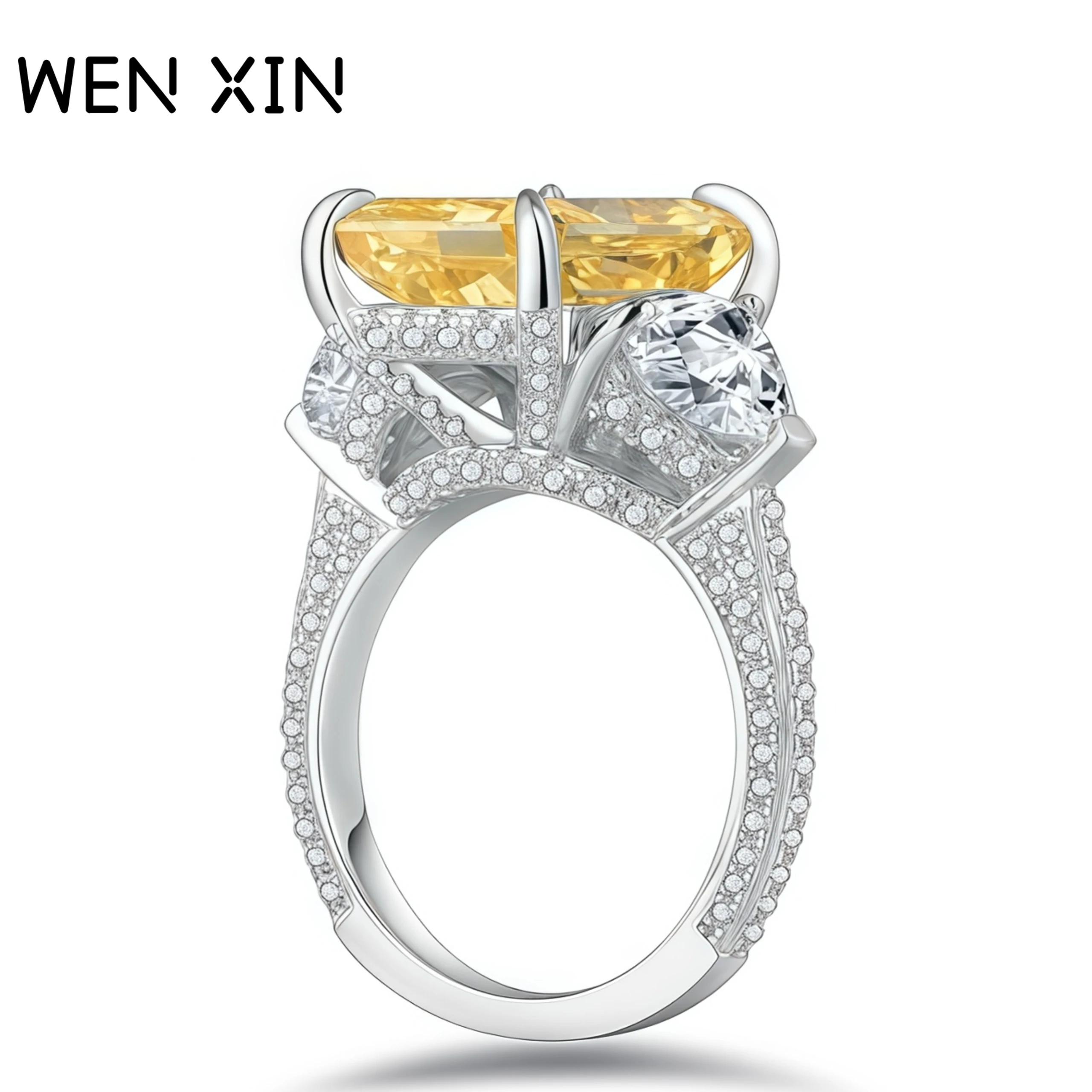 

WENXIN Brand Luxury New Square Yellow Diamond Ring For Women 925 Sterling Silver High Carbon Diamond Ring Jewelry